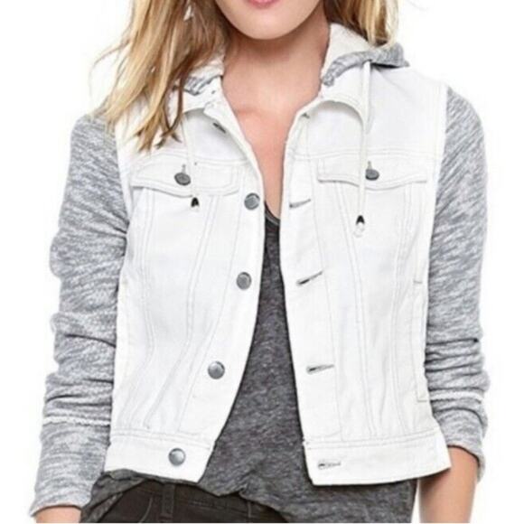 FREE PEOPLE White Denim Jacket Hooded Sweater Size XS - Picture 1 of 7